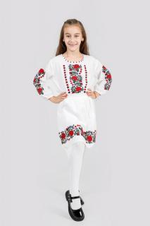 Rochie traditionala alba pentru fetite cu motiv floral rosu Maria