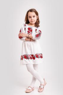 Rochie traditionala alba pentru fetite cu motiv floral rosu Mateea