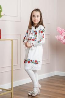 Rochie traditionala alba pentru fetite cu motiv floral rosu Sara