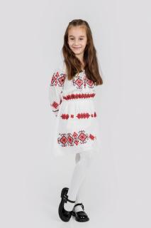 Rochie traditionala alba pentru fetite cu motiv geometric rosu Doris 02