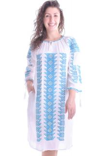 Rochie traditionala dreapta alba cu motiv geometric albastru Tania