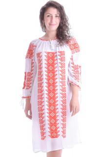 Rochie traditionala dreapta alba cu motiv geometric rosu Doina