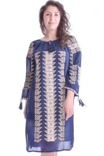 Rochie traditionala dreapta albastra cu motiv geometric crem Magdalena