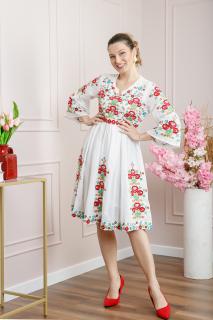 Rochie traditionala evazata alba cu motiv floral multicolor Crina 01