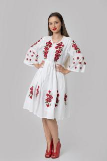 Rochie traditionala evazata alba cu motiv floral rosu Carina