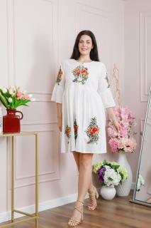 Rochie traditionala evazata alba cu motiv floral rosu Melania 02