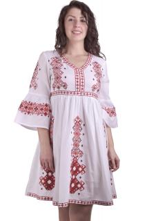 Rochie traditionala evazata alba cu motiv geometric rosu Carmen