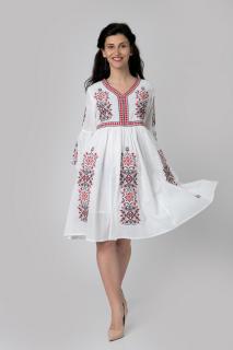 Rochie traditionala evazata alba cu motiv geometric rosu Darina