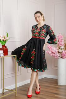 Rochie traditionala evazata neagra cu motiv floral multicolor Crina 02