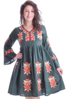 Rochie traditionala evazata verde cu motiv floral rosu Daria