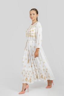 Rochie traditionala maxi alba cu motiv floral auriu Ilona 03