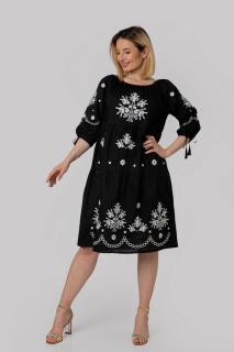 Rochie traditionala midi neagra cu motiv floral alb Mara