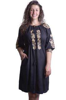 Rochie traditionala midi neagra cu motiv floral auriu Madalina