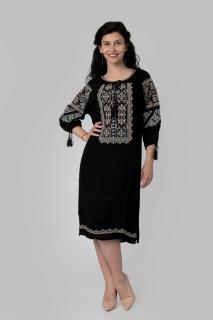 Rochie traditionala midi neagra cu motiv floral crem Tamara