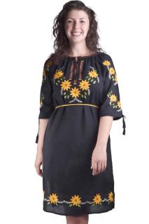 Rochie traditionala midi neagra cu motiv floral galben Smaranda