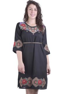 Rochie traditionala midi neagra cu motiv floral rosu Otilia