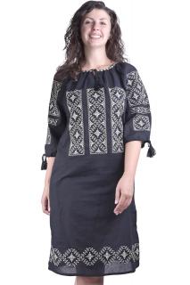 Rochie traditionala midi neagra cu motiv geometric crem Tereza