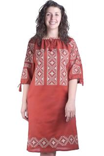 Rochie traditionala midi rosie cu motiv geometric crem Sandra