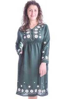 Rochie traditionala midi verde cu motiv floral alb Olivia