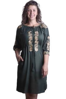 Rochie traditionala midi verde cu motiv floral auriu Elena