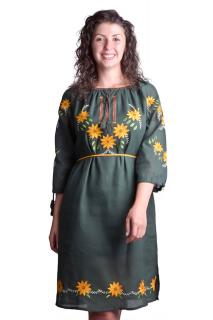 Rochie traditionala midi verde cu motiv floral galben Sorina