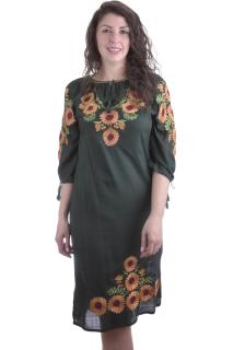 Rochie traditionala midi verde cu motiv floral portocaliu Felicia