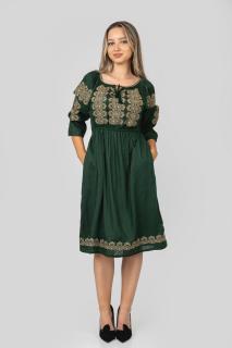 Rochie traditionala midi verde cu motiv geometric crem Elisabeta 02