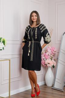 Rochie traditionala neagra cu motiv floral auriu Raisa