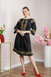 Rochie traditionala neagra cu motiv floral multicolor Andreea 01