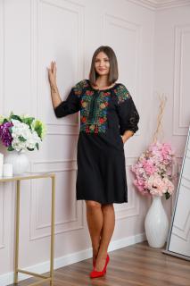 Rochie traditionala neagra cu motiv floral multicolor Simona 04