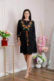 Rochie traditionala neagra cu motiv floral orange Liliana