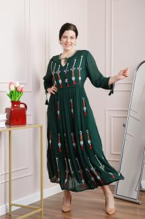 Rochie traditionala verde cu motiv floral multicolor Georgiana 01