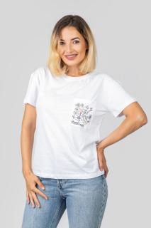 Tricou alb cu buzunar cu flori