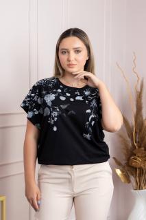 Tricou negru casual cu imprimeuri florale albe