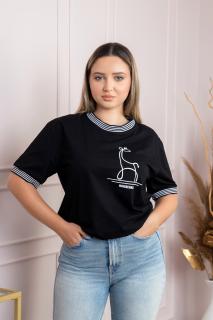 Tricou negru cu imprimeu minimalist si detalii in dungi