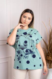 Tricou verde mint cu strasuri si imprimeuri florale bleumarin