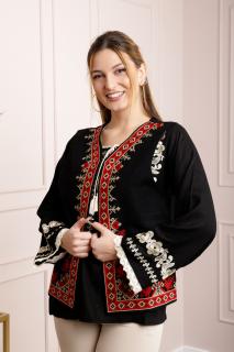 Vesta traditionala neagra cu broderie geometrica multicolora Tania