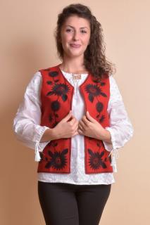 Vesta traditionala rosie cu broderie florala neagra Irina