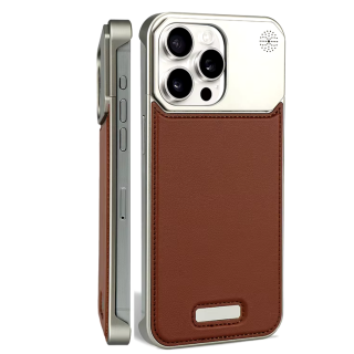 Husa iPhone 15 Pro, Dur Aluminiu si Piele cu MagSafe, Brown