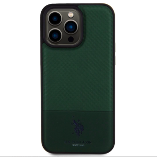 Husa pentru iPhone 15 Pro Max U.S. Polo PU Leather Mesh Pattern Double Horse, Green