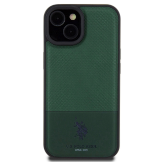 Husa pentru iPhone 15 U.S. Polo PU Leather Mesh Pattern Double Horse, Green