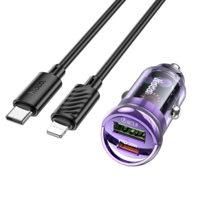 Set Incarcator Auto Z53A hoco. Fast PD30W+QC3.0 si Cablu USB-C to Lightning, Crystal Purple