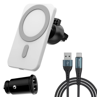 Set Suport MagSafe Auto cu Incarcare Wireless, Incarcator auto si cablu pentru iPhone, Alb