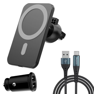 Set Suport MagSafe Auto cu Incarcare Wireless, Incarcator auto si cablu pentru iPhone, Negru