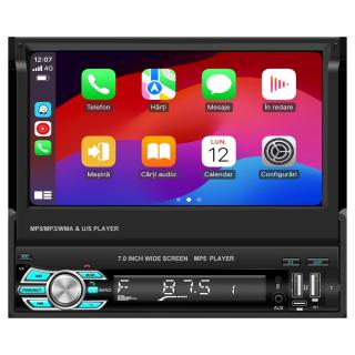 Player Auto 1DIN, MP5 cu Ecran Extractabil, Carplay si Android Auto WiFi, Bluetooth, USB