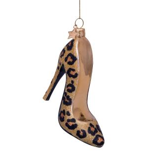 Glob Craciun din sticla aurie pantof cu toc model leopard cu sclipici H 9cm
