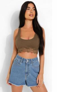 Bustiera Crop Top Khaki Cu Dantela