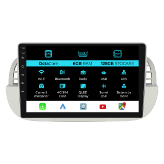 Navigatie Android Dedicata Fiat 500 (2007 - 2015), 9Inch, 6Gb Ram, 128Gb Stocare, Carplay