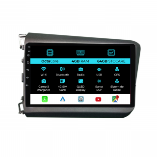 Navigatie Dedicata Honda Civic IX Sedan  (2011-2015), 9Inch, 4Gb Ram, 64Gb Stocare, Carplay