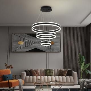 Lustra Led Cerc 208W, Neagra, 3 cercuri, Telecomanda, Suspendata, Intensitate reglabila